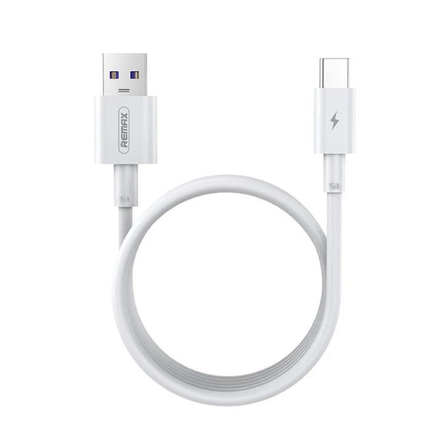 REMAX USB-C Charging Cable for Everyday Device Use white USB-A to USB-C cable coiled for charging and data transfer