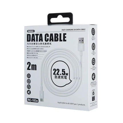 REMAX USB-C Charging Cable for Everyday Device Use white 2m retail box showing coiled cable and USB-A to USB-C connectors