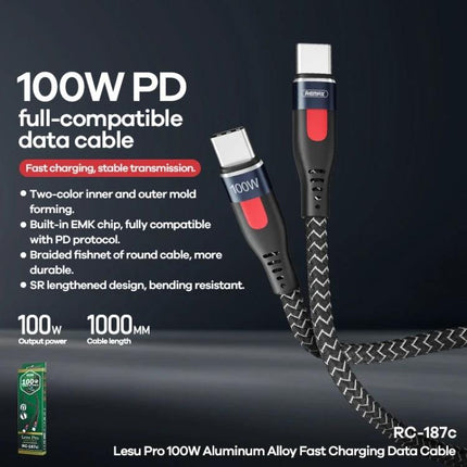 REMAX Cable for Daily Device Charging at Home or Travel - braided 100W PD Type-C to USB-C fast charging cable, 1000mm, aluminum alloy