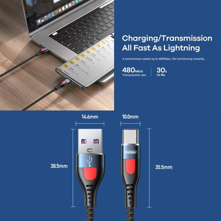 REMAX USB-C Cable for Everyday Device Charging — 1m braided cable showing USB-A to USB-C connectors and fast charging/data transfer
