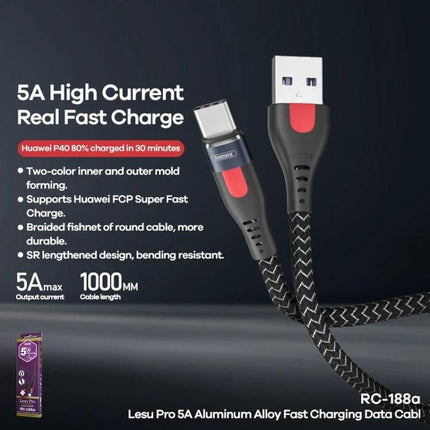REMAX USB-C Cable for Everyday Device Charging – braided 1m USB-A to USB-C fast charging cable for phones, tablets, laptops (5A high current)