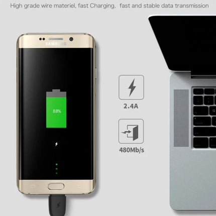 Remax USB-C Charging Cable for Daily Device Charging - gold phone charging at 88% next to laptop, 2.4A and 480Mb/s data transfer