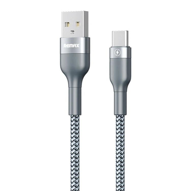 REMAX USB to USB-C Cable for Daily Device Charging at Home - braided grey charging cable with USB and USB-C connectors