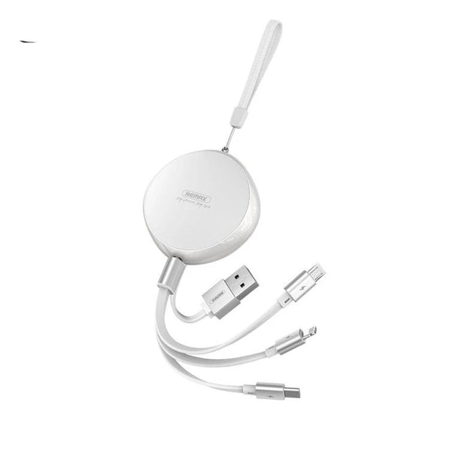 REMAX Telescopic Cable for Daily Device Charging Needs - white retractable 3-in-1 USB cable charging phone tablet on the go
