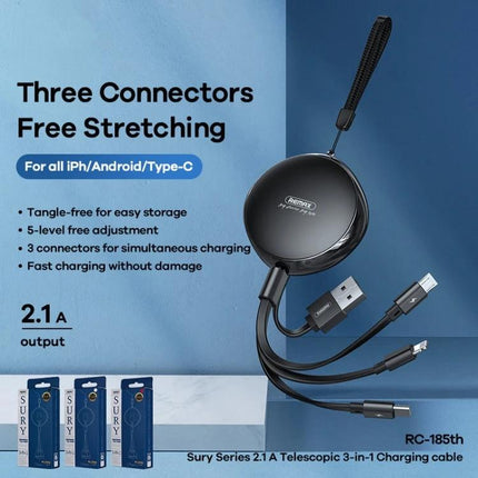 REMAX Telescopic Cable for Daily Device Charging Needs – 3-in-1 retractable charger with USB-A and three connectors for phone, tablet, travel and work