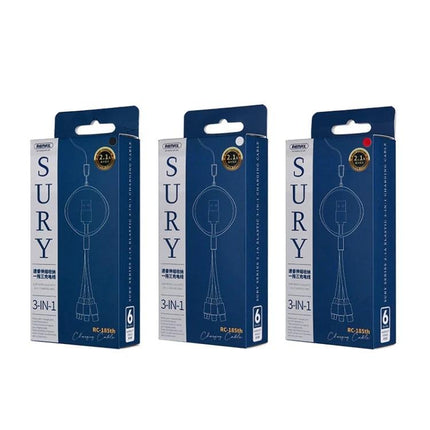 REMAX Telescopic Cable for Daily Device Charging Needs - three boxed 3-in-1 Sury packaging showing telescopic multi-device charging cable