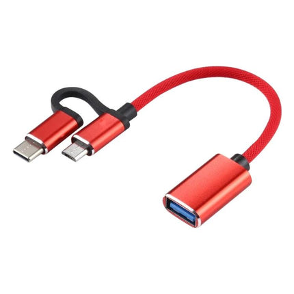 Adapter Cable for Connecting USB Drives to Phones Daily - red dual Micro USB & USB-C OTG cable with USB-A female port