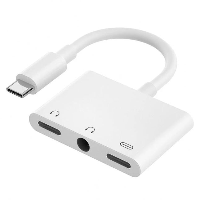 USB-C Adapter for Everyday Charging and Audio Listening - white dual-port dongle with 3.5mm jack