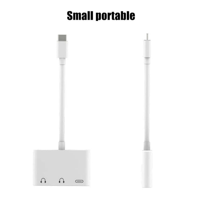 USB-C Adapter for Everyday Charging and Audio Listening small white dual-port adapter for simultaneous charging and headphone use
