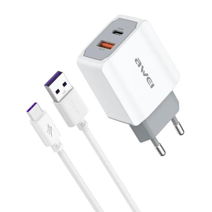 Awei Travel Charger for Everyday Device Needs Abroad — white European plug dual-port USB charger with USB-C cable, fast-charge smartphone and tablet