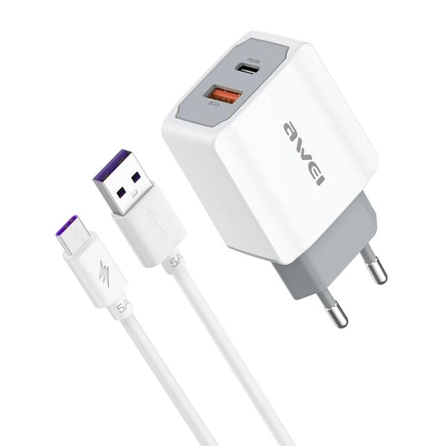 Awei Travel Charger for Everyday Device Needs Abroad — white European plug dual-port USB charger with USB-C cable, fast-charge smartphone and tablet