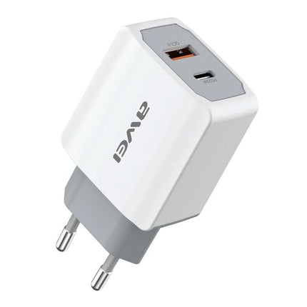 Awei Travel Charger for Everyday Device Needs Abroad plugged into European outlet charging smartphone and tablet with dual USB ports