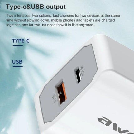 Awei Travel Charger for Everyday Device Needs Abroad with Type-C and USB ports shown plugged into a European outlet, charging smartphone and tablet