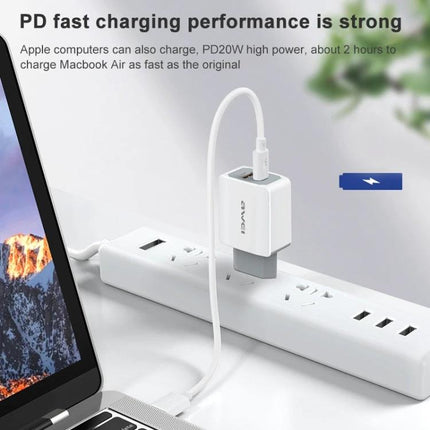 Awei Travel Charger for Everyday Device Needs Abroad plugged into a European outlet powering smartphone and tablet for travel