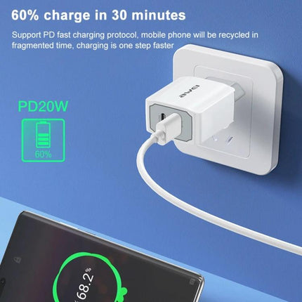 Awei Travel Charger for Everyday Device Needs Abroad plugged into European outlet charging smartphone and tablet PD20W fast charge