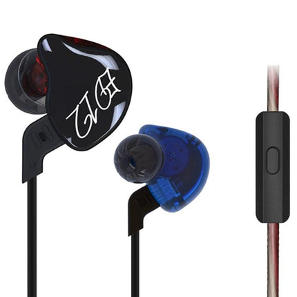 KZ Hanging-Ear Sports Earphones With Inline Mic For Jogging showing black and blue in-ear buds with inline mic