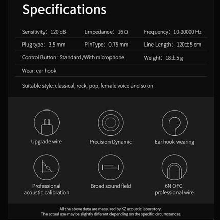 KZ Hanging-Ear Sports Earphones With Inline Mic For Jogging product specs image showing features, frequency, impedance, wire length