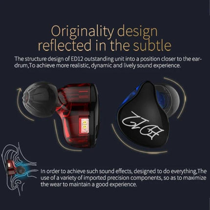 KZ Hanging-Ear Sports Earphones With Inline Mic For Jogging close-up showing red and black ED12 ergonomic in-ear design