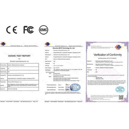 Wired Smartphone Earphones For Commuting With Carbon Fiber certification documents showing CE FCC EMC test and conformity