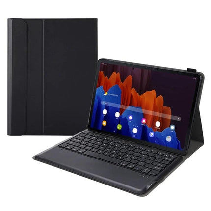 Leather Case with Detachable Bluetooth Keyboard for Samsung Galaxy Tab S7 Series shown with tablet in typing position and magnetic removable keyboard