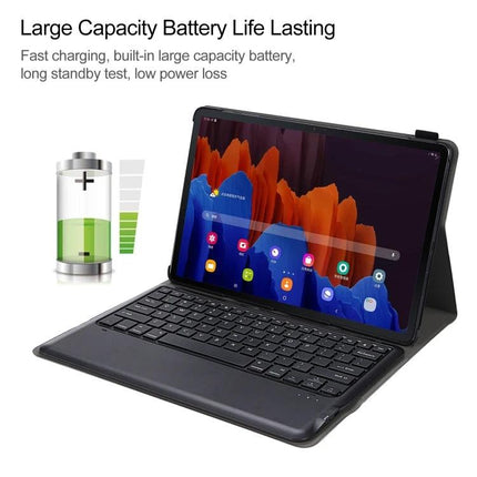 Leather Case with Detachable Bluetooth Keyboard for Samsung Galaxy Tab S7 Series shown as black folio with magnetic detachable keyboard and tablet stand