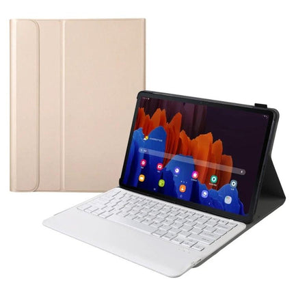 Leather Case with Detachable Bluetooth Keyboard for Samsung Galaxy Tab S7 Series shown in tan with white magnetic keyboard attached and tablet in landscape mode