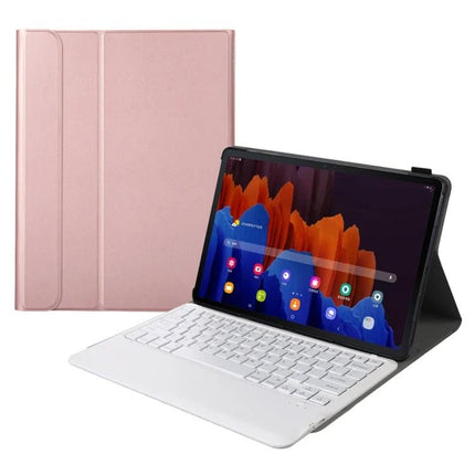 Leather Case with Detachable Bluetooth Keyboard for Samsung Galaxy Tab S7 Series - rose gold folio case with magnetic white keyboard propped for typing