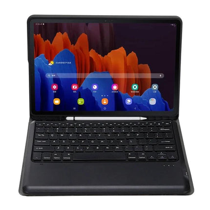 Bluetooth Keyboard Case with Detachable Design for Samsung Tab S7 Plus shown open with magnetic keyboard and stand mode for typing and hands-free viewing
