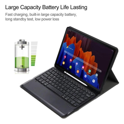 Bluetooth Keyboard Case with Detachable Design for Samsung Tab S7 Plus showing tablet in stand mode with detachable magnetic keyboard and battery icon