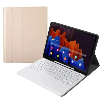 Bluetooth Keyboard Case with Detachable Design for Samsung Tab S7 Plus shown in white with detachable magnetic keyboard and stand mode