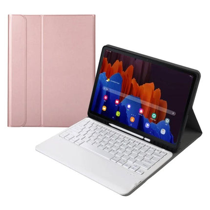Bluetooth Keyboard Case with Detachable Design for Samsung Tab S7 Plus in white keyboard and black folio stand with pink cover
