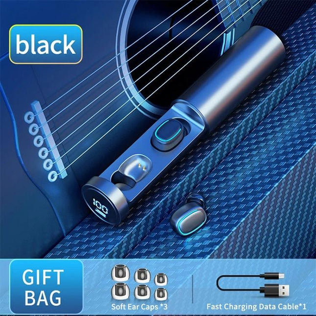 True Wireless Earbuds With Touch Display Charging Case on guitar seat, sweat-resistant ergonomic earbuds with digital battery display