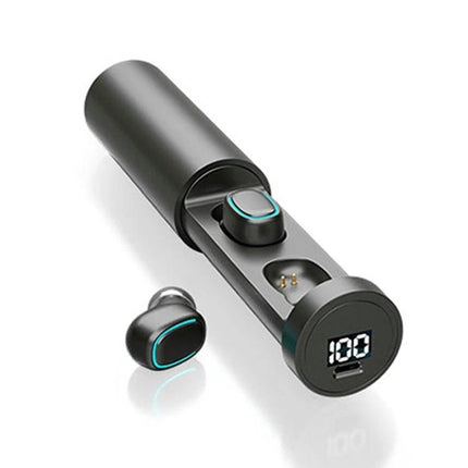 True Wireless Earbuds With Touch Display Charging Case showing cylindrical case with digital battery readout and ergonomic sweat-resistant earbuds