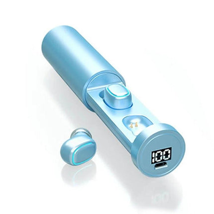 True Wireless Earbuds With Touch Display Charging Case slim cylinder case with LED battery display and blue ergonomic earbuds