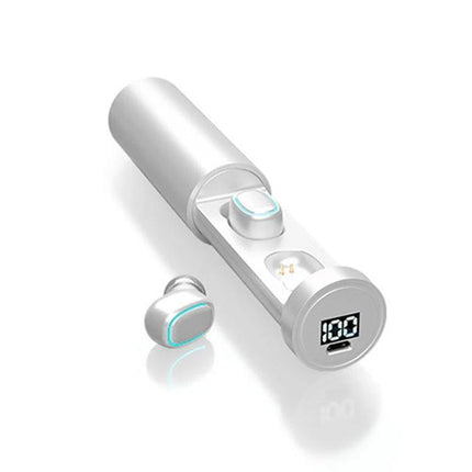 True Wireless Earbuds With Touch Display Charging Case showing cylindrical charging case with LED battery display and two earbuds