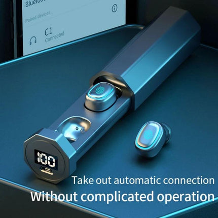True Wireless Earbuds With Touch Display Charging Case showing earbuds, digital battery display, ergonomic fit