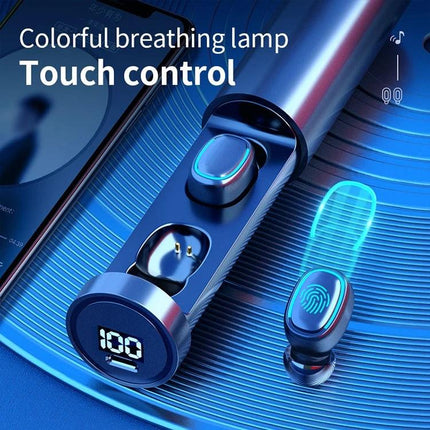 True Wireless Earbuds With Touch Display Charging Case showing digital battery display and earbuds