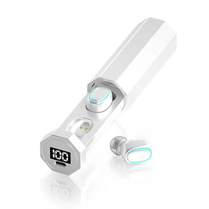True Wireless Earbuds With Charging Case For Commuting white hexagonal case with polygonal digital battery display and earbuds