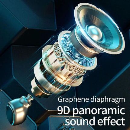 True Wireless Earbuds With Charging Case For Commuting showing graphene diaphragm 9D panoramic sound effect and internal driver view