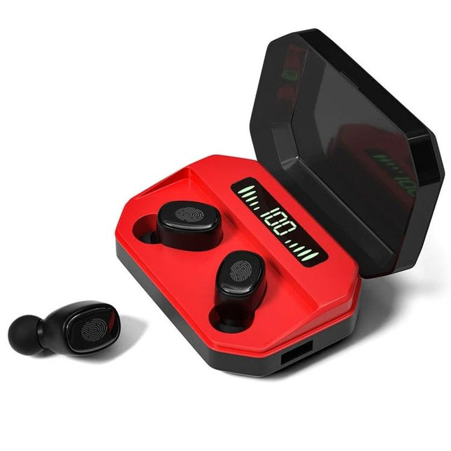 True Wireless Touch Earbuds With Charging Case And Display red charging case with digital battery display and two earbuds