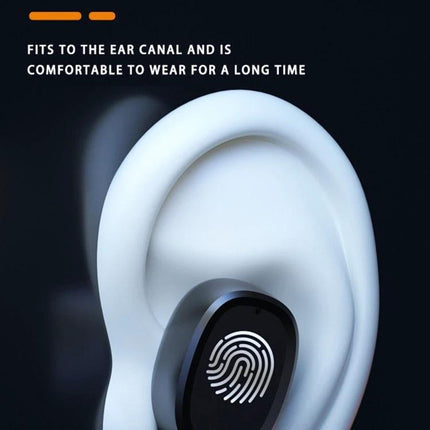 True Wireless Touch Earbuds With Charging Case And Display showing sleek black touch earbud fitted comfortably in ear canal