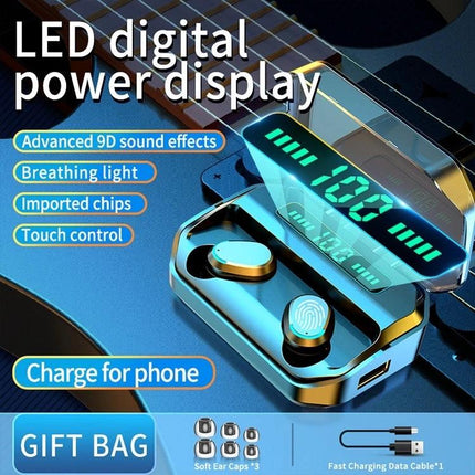 True Wireless Touch Earbuds With Charging Case And Display showing LED digital power display and touch controls