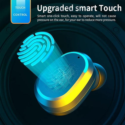 True Wireless Touch Earbuds With Charging Case And Display showing touch control fingerprint icon and digital battery display