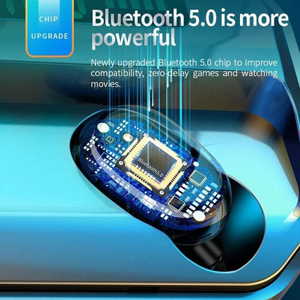 True Wireless Touch Earbuds With Charging Case And Display showing Bluetooth 5.0 chip inside earbud for reliable connection