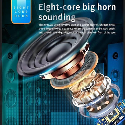 True Wireless Touch Earbuds With Charging Case And Display showing exploded speaker drivers and digital battery display