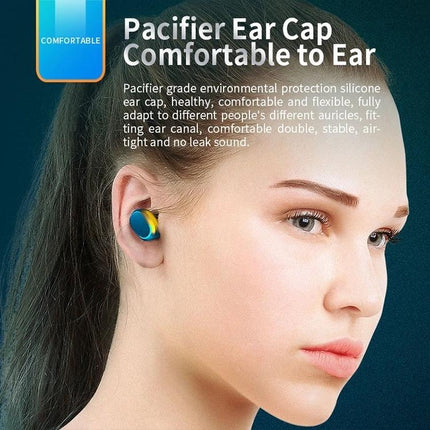 True Wireless Touch Earbuds With Charging Case And Display shown in-ear on woman highlighting comfortable pacifier ear cap fit