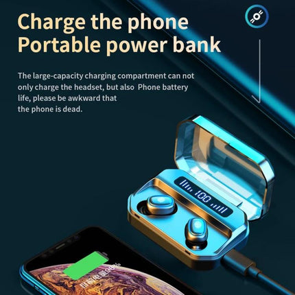 True Wireless Touch Earbuds With Charging Case And Display showing earbuds in open case with digital battery display and phone charging