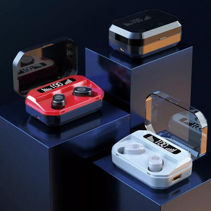 True Wireless Touch Earbuds With Charging Case And Display in red white and black cases showing digital battery display