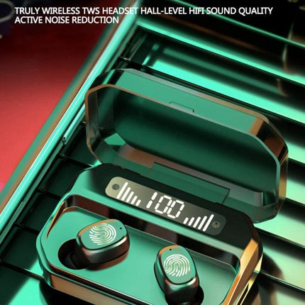 True Wireless Touch Earbuds With Charging Case And Display showing digital battery display and touch earbuds in case