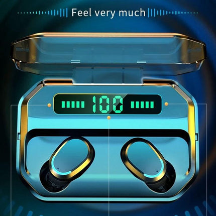 True Wireless Touch Earbuds With Charging Case And Display showing digital battery display and touch earbuds in case